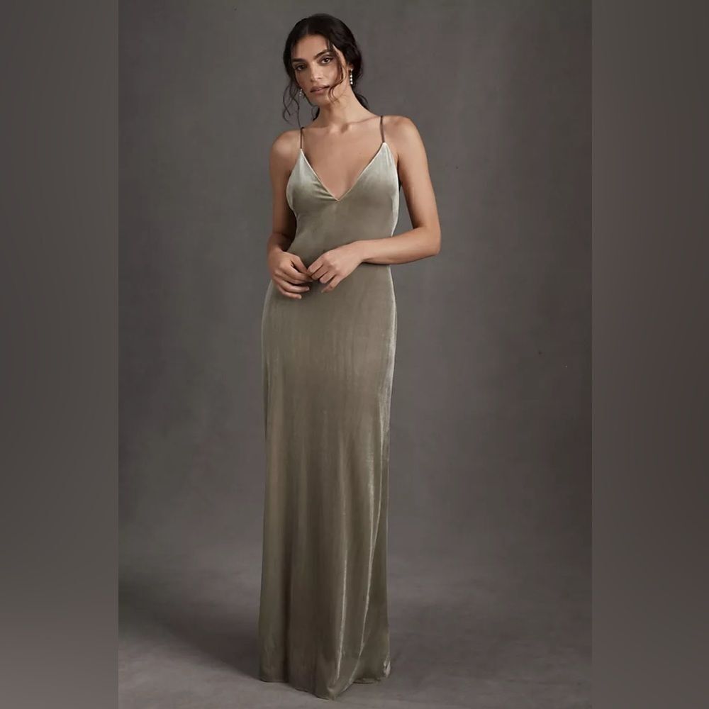 Jenny Yoo Stretch-Velvet Sabrina Dress in Sage - Picture 2 of 4